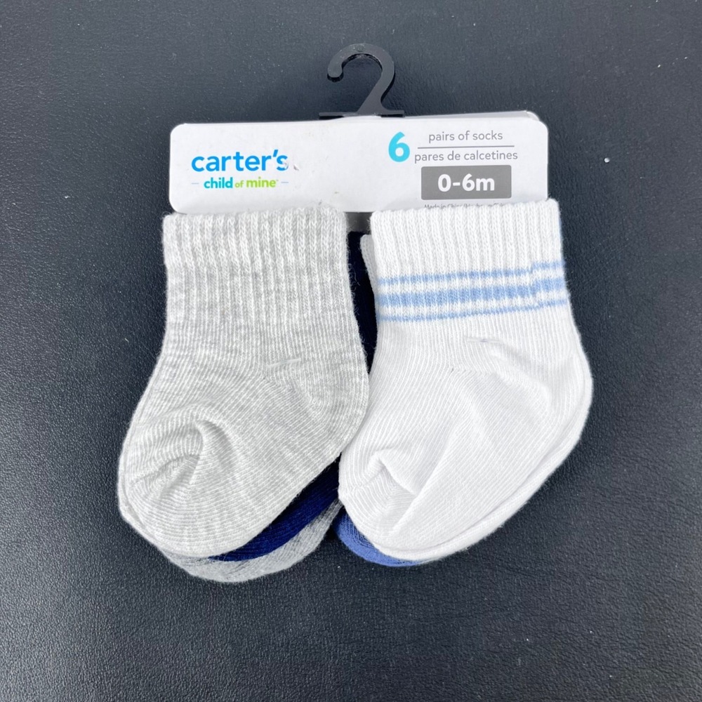 Boys 6-Pack Socks 0-6M Grey White Green Ribbed Striped Carter's Child of Mine
